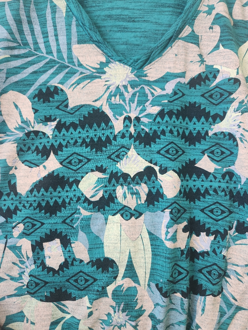 Disney Teal Floral V-Neck Knot Front Short Sleeve Tee - Women's Large - Picture 2 of 7